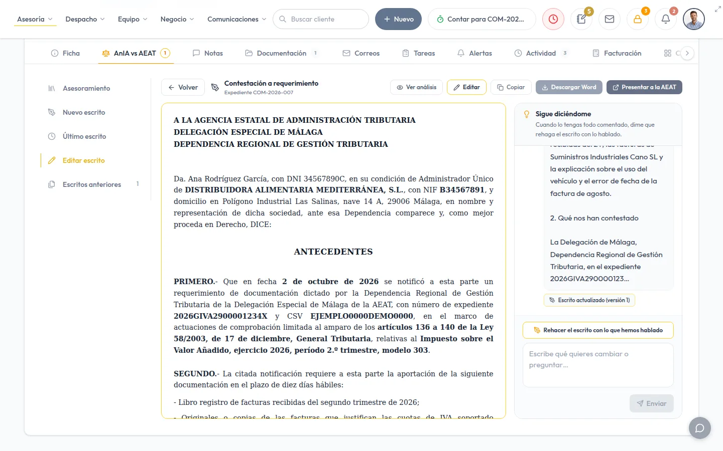 Notificación de la AEAT unida al expediente fiscal del cliente