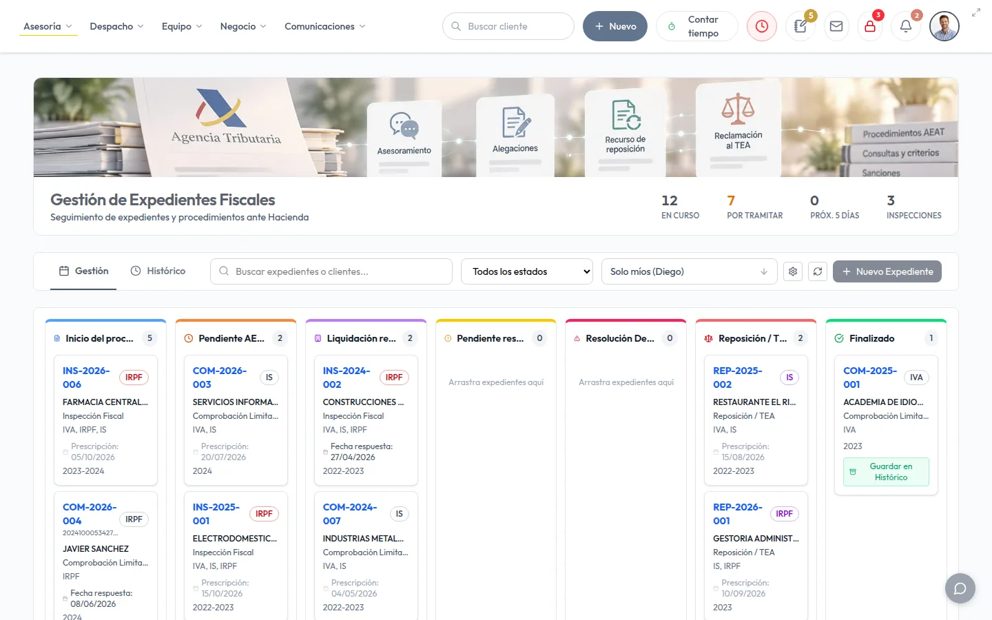 Kanban fiscal de la asesoría con los expedientes de cada fase