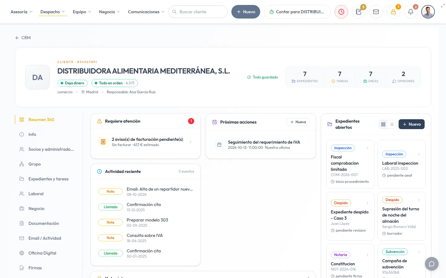 Ficha completa del cliente en el programa de la asesoría