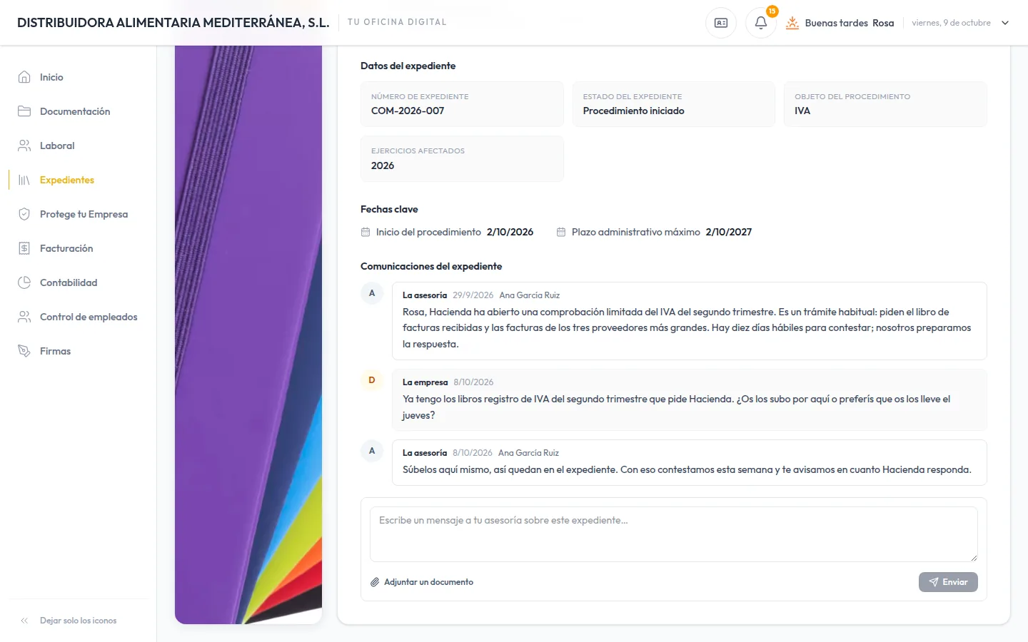 Un expediente del cliente en su Oficina Digital, con las comunicaciones y el mensaje a su asesoría